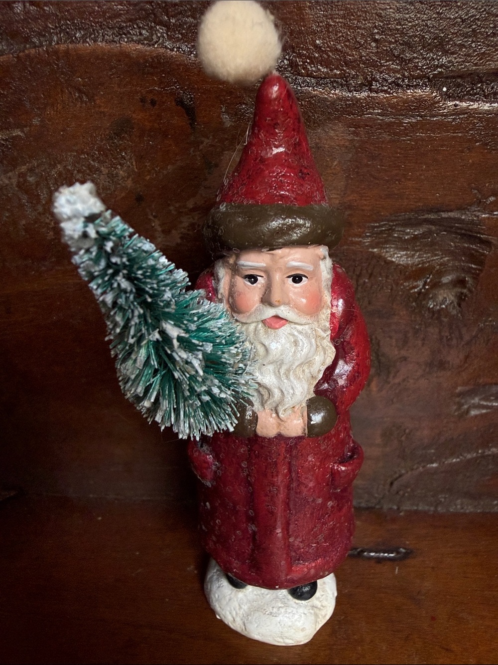 Vintage Red Santa Figurine with Snowy Green Tree